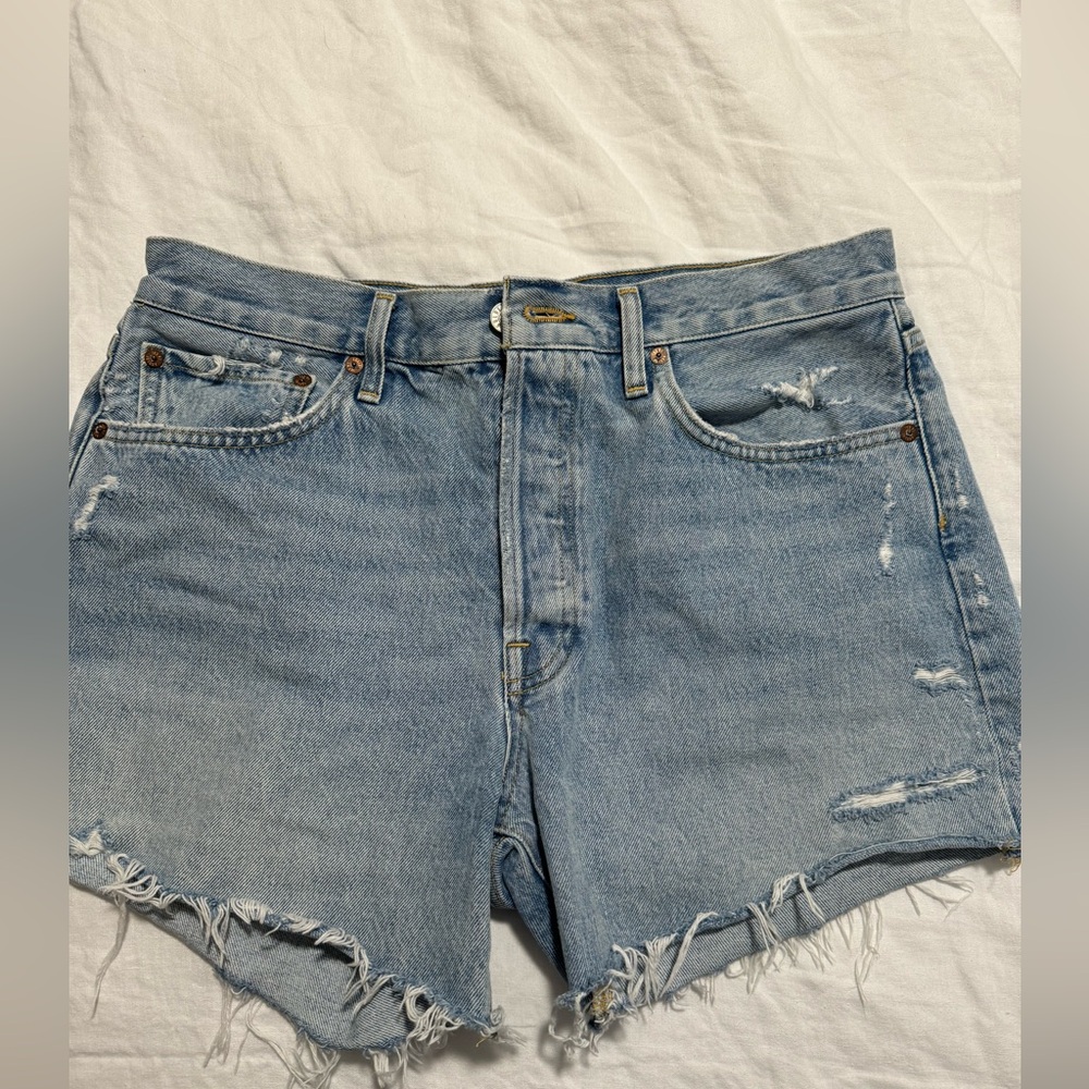 Agolde Light Blue Distressed High-Rise Denim Shorts - Picture 7 of 7